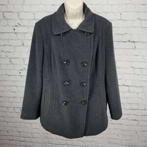 London Fog Grey Wool Blend Double Breasted Buttoned Lined Pea Coat Size Large L